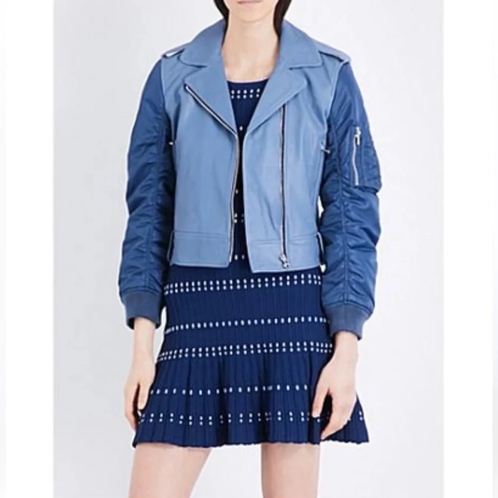 SANDRO Blue Ruched Shell-Paneled Sleeves Leather Goat Biker Jacket - Picture 16 of 16